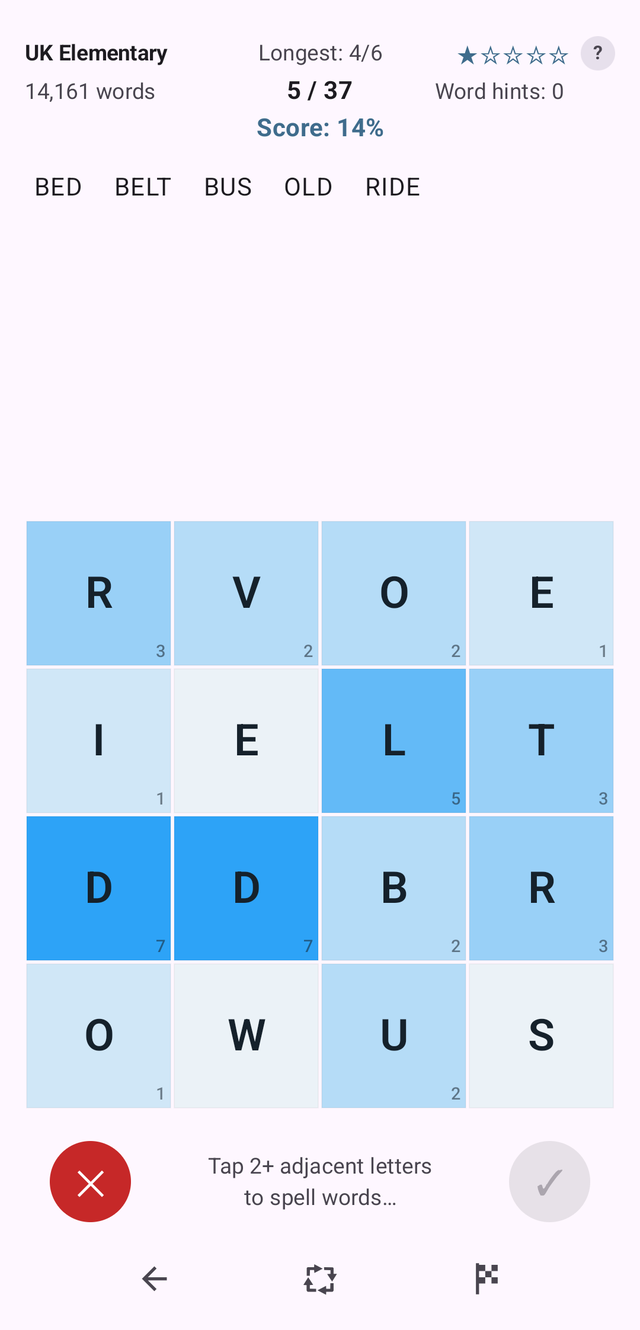 WordEke on a phone: the status band reading UK Elementary, 5 of 37 words
                and a score of 14%, five found words listed, and a four by four grid of
                letters shaded in blue with a count in each square's corner.