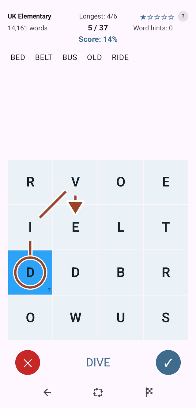 The same board mid-move: a trail drawn from D through I and V to E,
                    the word DIVE shown at the foot of the screen, and the tick button lit.